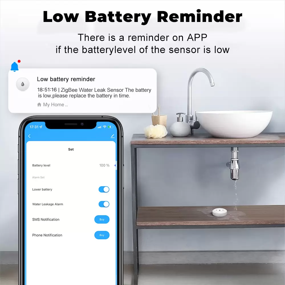 Tuya ZigBee Smart Home Water Leak Detector – Wireless Water Sensor with App Control & Security Alarm System - Image 2